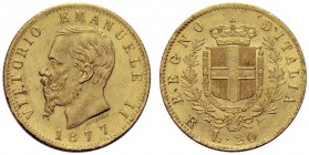 MONETE SAVOIA
Vittorio Emanuele II, Re d’Italia, 1861-1878. 20 Lire 1877 Roma. Au Come precedente. Pag. 474; Gig. 24. SPL