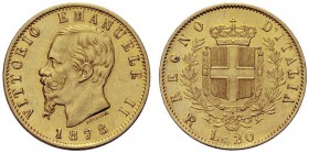 MONETE SAVOIA
Vittorio Emanuele II, Re d’Italia, 1861-1878. 20 Lire 1878 Roma. Au Come precedente. Pag. 475; Gig. 25. SPL