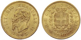 MONETE SAVOIA
Vittorio Emanuele II, Re d’Italia, 1861-1878. 10 Lire 1863 Torino, mm 19. Au Come precedente. Pag. 477a; Gig. 27a. Bello SPL