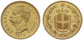 MONETE SAVOIA
Umberto I, Re d’Italia, 1878-1900. 20 Lire 1879. Au Come precedente. Pag. 575; Gig. 9. q. FDC