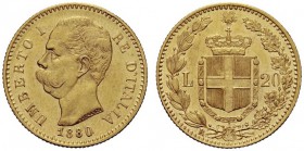 MONETE SAVOIA
Umberto I, Re d’Italia, 1878-1900. 20 Lire 1880. Au Come precedente. Pag. 576; Gig. 10. SPL