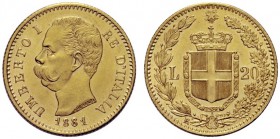 MONETE SAVOIA
Umberto I, Re d’Italia, 1878-1900. 20 Lire 1881. Au Come precedente. Pag. 577; Gig. 11. q. FDC