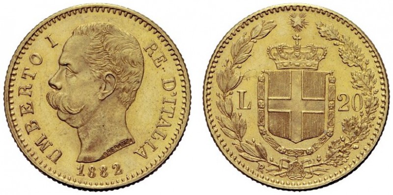 MONETE SAVOIA
Umberto I, Re d’Italia, 1878-1900. 20 Lire 1882 oro rosso. Au Com...