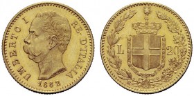 MONETE SAVOIA
Umberto I, Re d’Italia, 1878-1900. 20 Lire 1882 oro rosso. Au Come precedente. Pag. 578var; Gig. 12a. Raro. q. FDC