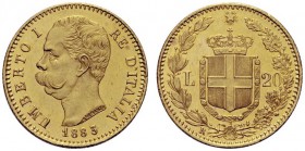 MONETE SAVOIA
Umberto I, Re d’Italia, 1878-1900. 20 Lire 1883. Au Come precedente. Pag. 579; Gig. 13. SPL