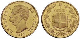 MONETE SAVOIA
Umberto I, Re d’Italia, 1878-1900. 20 Lire 1885. Au Come precedente. Pag. 581; Gig. 15. SPL