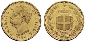 MONETE SAVOIA
Umberto I, Re d’Italia, 1878-1900. 20 Lire 1886. Au Come precedente. Pag. 582; Gig. 16. q. FDC