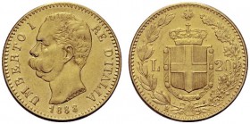 MONETE SAVOIA
Umberto I, Re d’Italia, 1878-1900. 20 Lire 1888. Au Come precedente. Pag. 583; Gig. 17. Buon BB