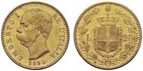 MONETE SAVOIA
Umberto I, Re d’Italia, 1878-1900. 20 Lire 1890. Au Come precedente. Pag. 585; Gig. 19. SPL