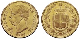 MONETE SAVOIA
Umberto I, Re d’Italia, 1878-1900. 20 Lire 1891. Au Come precedente. Pag. 586; Gig. 20. q. FDC