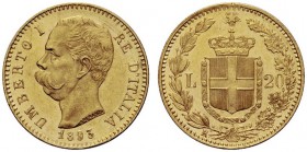 MONETE SAVOIA
Umberto I, Re d’Italia, 1878-1900. 20 Lire 1893. Au Come precedente. Pag. 587; Gig. 21. Colpetti. SPL