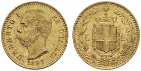 MONETE SAVOIA
Umberto I, Re d’Italia, 1878-1900. 20 Lire 1897, oro rosso e data ribattuta. Au Come precedente. Pag. 588var; Gig. 22a. Molto Raro. q. ...
