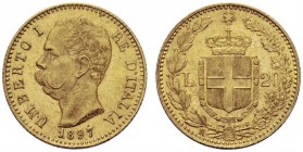 MONETE SAVOIA
Umberto I, Re d’Italia, 1878-1900. 20 Lire 1897, oro rosso. Au Come precedente. Pag. 588var; Gig. 22a. Molto Raro. q. FDC