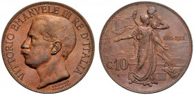 MONETE SAVOIA
Vittorio Emanuele III, Re d’Italia, 1900-1943. 10 Centesimi 1911 Cinquantenario. Æ Come precedente. Pag. 863; Gig. 227. FDC