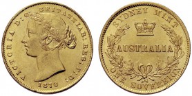 MONETE STRANIERE
AUSTRALIA
Regina Vittoria, 1837-1901. Sterlina 1870, zecca di Sydney. Au. KM#4; Fried. 1. Bello SPL/q. FDC