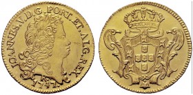 MONETE STRANIERE
BRASILE
Giovanni V, 1706-1750. 6400 Reis 1747. Au gr. 14,27. KM#149; Fried. 46. Raro. BB/SPL