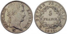 MONETE STRANIERE
FRANCIA
Napoleone I Imperatore, 1804-1814. 5 Franchi 1811, MA, Marsiglia. Ar. Gad. 584. BB
