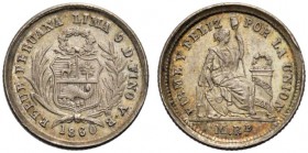 MONETE STRANIERE
PERU’
Repubblica, dal 1821. Mezzo Real 1860, YB, Lima. Ar. KM#180. FDC