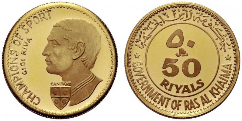 MONETE STRANIERE
RAS AL-KHAIMA
Emirati Uniti Arabi. 50 Riyals 1970. Au gr. 10,...