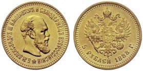 MONETE STRANIERE
RUSSIA
Alessandro III, 1881-1894. 5 Rubli 1888. Au gr. 6,44. Bitkin 27; Fried. 168. Più che SPL