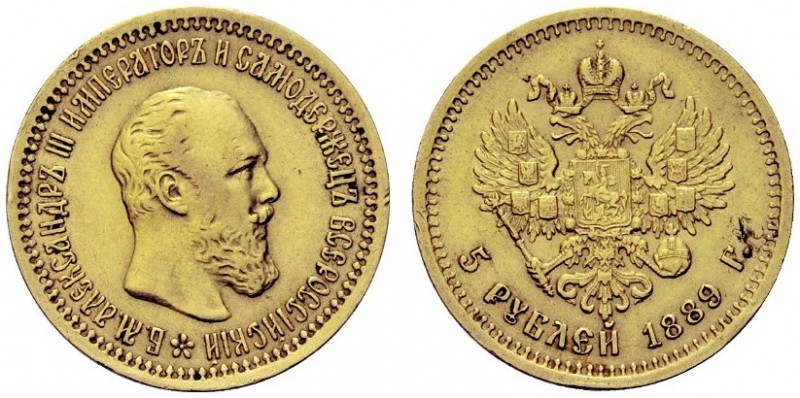 MONETE STRANIERE
RUSSIA
Alessandro III, 1881-1894. 5 Rubli 1889. Au gr. 6,41. ...