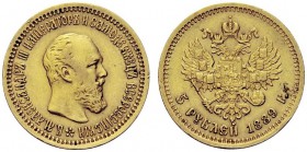 MONETE STRANIERE
RUSSIA
Alessandro III, 1881-1894. 5 Rubli 1889. Au gr. 6,41. Bitkin 33; Fried. 168. Colpetti. BB