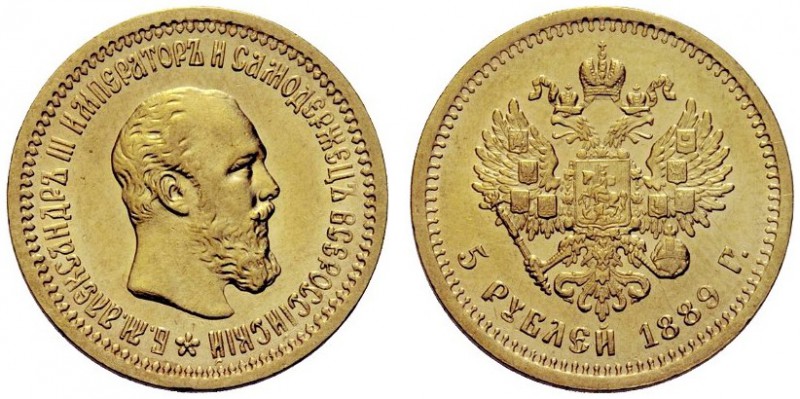 MONETE STRANIERE
RUSSIA
Alessandro III, 1881-1894. 5 Rubli 1889. Au gr. 6,43. ...