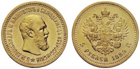 MONETE STRANIERE
RUSSIA
Alessandro III, 1881-1894. 5 Rubli 1889. Au gr. 6,43. Bitkin 33; Fried. 168. q. FDC