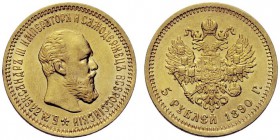 MONETE STRANIERE
RUSSIA
Alessandro III, 1881-1894. 5 Rubli 1890. Au gr. 6,43. Bitkin 35; Fried. 168. q. FDC