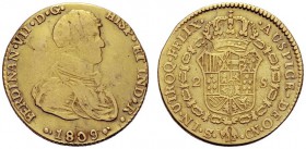 MONETE STRANIERE
SPAGNA
Ferdinando VII, 1808-1833. 2 Escudos 1809, Siviglia. Au gr. 6,58. Cal. 255; Fried. 303. q. BB