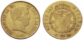 MONETE STRANIERE
SPAGNA
Ferdinando VII, 1808-1833. 80 Reales 1822, Madrid. Au gr. 6,69. KM#564.2; Fried. 321. Raro. Buon BB