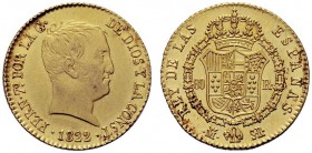 MONETE STRANIERE
SPAGNA
Ferdinando VII, 1808-1833. 80 Reales 1822, Madrid. Au gr. 6,72. KM#564.2; Fried. 321. Raro. Bello SPL
