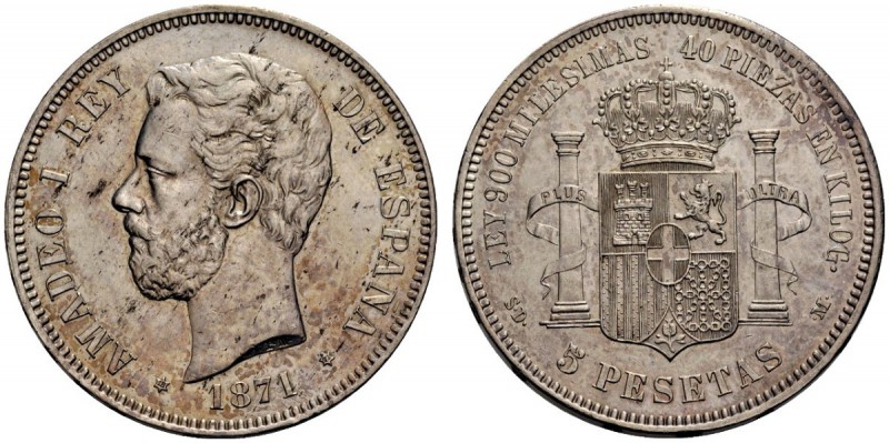 MONETE STRANIERE
SPAGNA
Amedeo I, 1871-1873. 5 Pesetas 1871 (71). Ar. KM#666. ...