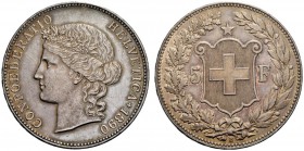 MONETE STRANIERE
SVIZZERA
Confederazione. 5 Franchi 1890, Berna. Ar gr. 24,96. Divo 116; KM#34. Patina di monetiere. Più di SPL
