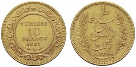 MONETE STRANIERE
TUNISIA
Protettorato Francese. Ali Bey, 1882-1902. 10 Franchi 1891, AH 1308 (1891). Au gr. 3,20. Lec. 404; Fried. 13. Raro. BB