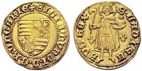 MONETE STRANIERE
UNGHERIA
Mattia Corvino, 1458-1490. Goldgulden, Kassa. Au gr. 3,51. Pohl-D-1-6; Gyöngyössy 104; Fried. 9. Raro. Buon BB