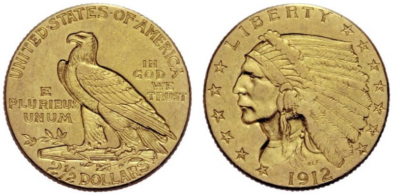 MONETE STRANIERE
USA
Federazione. 2,5 $ 1912, zecca di Filadelfia. Au gr. 4,14...