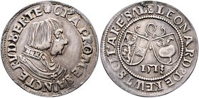 Münzen Erzbistum Salzburg Leonhard von Keutschach 7.Juli 1495 - 8.Juni 1519
 1/4 Guldiner 1513 Salzburg. 5,48g, Henkelspur, Felder bearbeitet. HZ52 s...