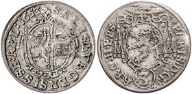 Münzen Erzbistum Salzburg Paris Graf Lodron - 13. November 1619 - 15. Dezember 1653
 3 Kreuzer 1653 Salzburg. 1,42g. HZ1617 ss