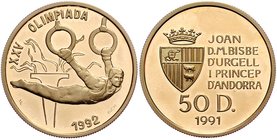 Andora
 50 Diners 1991/92 a. d. XXV. Olympische Sommerspiele 1992 in Barcelona, Ringturnen, Nur 3.000 Exemplare geprägt. 13,20g. Friedb. 11, Schl. 23...