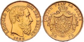 Belgien
 20 Francs 1882 6,45g. Friedb. 412 vz