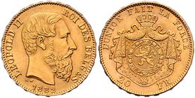 Belgien
 20 Francs 1882 6,46g. Friedb. 412 vz/stgl