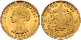 Chile Republik
 100 Pesos 1926 20,39g. KM 170 vz/stgl