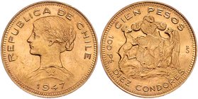 Chile Republik
 100 Pesos 1947 20,37g. KM 175 stgl