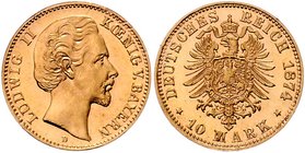 II. Deutsches Kaiserreich 1871 - 1918 Bayern
König Ludwig II. 10 Mark 1874 D München. 3,98g, Stempeldrehung 25 Grad. J. 196 f.stgl