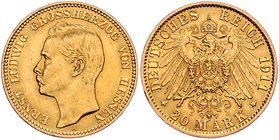 II. Deutsches Kaiserreich 1871 - 1918 Hessen
Ernst Ludwig 1892 - 1918 20 Mark 1911 A Berlin. 7,97g. J. 252 vz