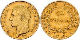 Frankreich Napoleon I. 1804 - 1814
 40 Francs AN 14 (1816) Paris. 12,86g. KM 664.1, Friedb. 481. ss