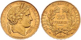 Frankreich Zweite Republik 1848 - 1852
 20 Francs 1851 A Paris. 6,46g. KM 762, Friedberg 566 stgl