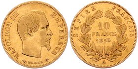 Frankreich Napoleon III. 1852 - 1870
 10 Francs 1855 A Paris. 3,19g. Gadoury 1014, Friedb. 576 a. ss