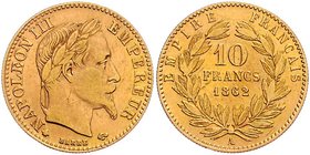 Frankreich Napoleon III. 1852 - 1870
 10 Francs 1862 A Paris. 3,18g. Gadoury 1014a, Friedberg 507. ss